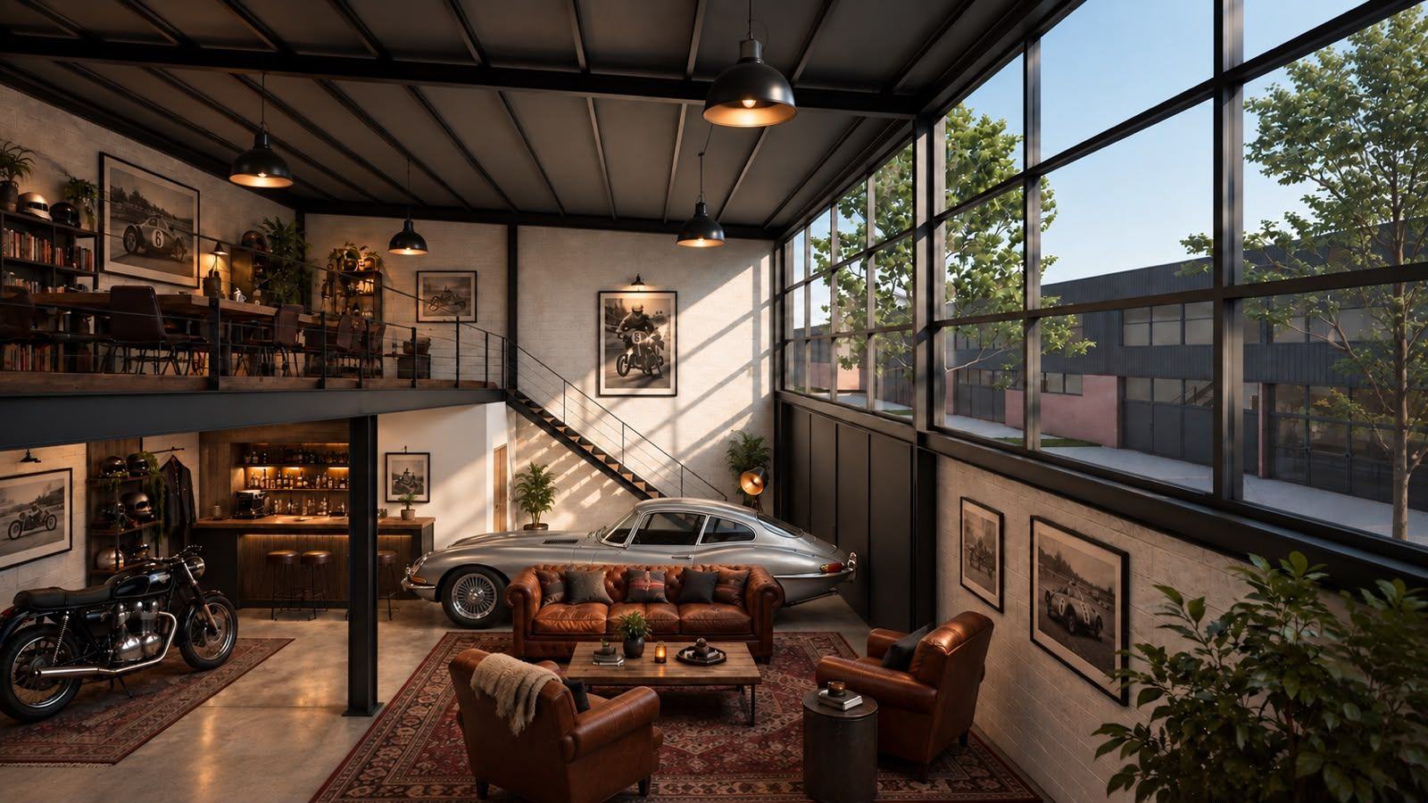 Studio equipado como garage y lounge: auto clásico, moto, sillones de cuero y entrepiso con biblioteca